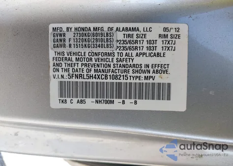 2012 Honda Odyssey Ex z USA, uszkodzony, nr VIN 5FNRL5H4XCB108215